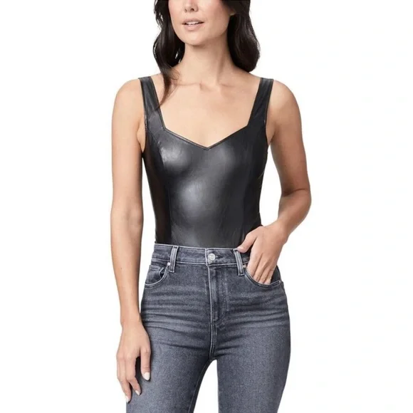 Paige Rinna Faux Leather V Neck Bodysuit Size XL - Picture 1 of 14